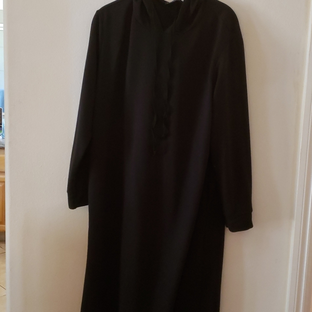 Black full length sweatshirt with hood.